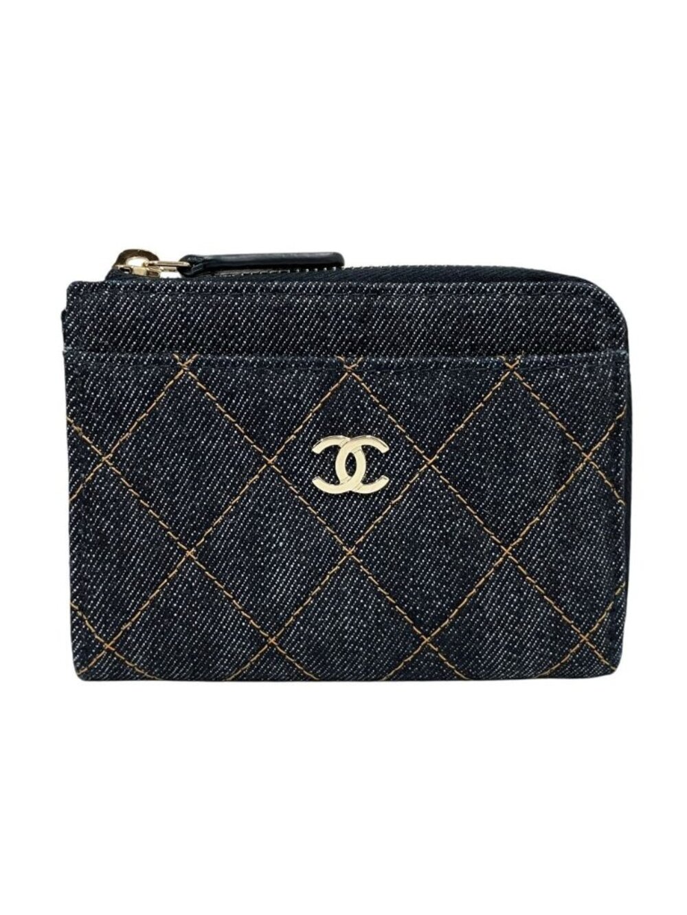 Chanel Denim Quilted Card Case Fragment Wallet CC Logo Gold Blue